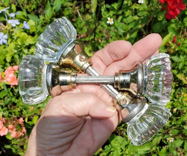 12 Point Clear CRYSTAL GLASS DOOR KNOBS ~ 2 SETS (4 knobs +2 shafts)  Vintage?