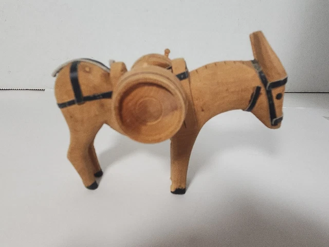 Wooden Donkey Figurine 4 in tall x 3 1/4 long in Leather Straps Handmade