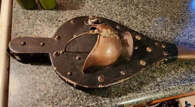 Antique Unique Wood Leather Brass 3D Fireplace Bellows Attached Bucket With Lion