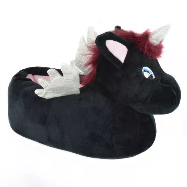 Ladies / Teens / Girls Plush Novelty Dark Black Gothic Unicorn Pegasus Slippers