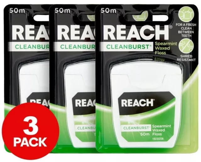 3x 50m Reach Cleanburst Waxed Dental Floss Spearmint Oral Care Teeth Flossers