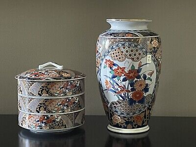 Decorative Japanese 3 Tier Porcelain Stackable Bowl & Matching 10 1/2” Vase