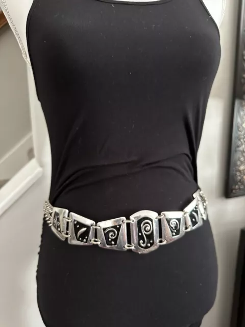 Chicos Chain Link Belt 36-39 XL Adjustable Black Enamel Inlayed In Silver Tone