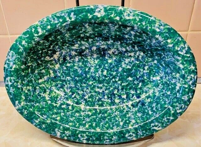 Gerald E. Henn Green & Blue Spongeware Oval Serving Bowl