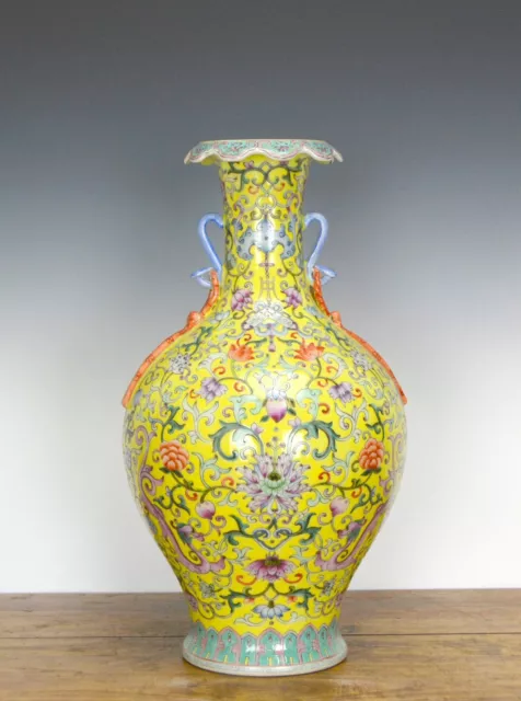 Superb Chinese Qing Jiaqing Mk Enamel Flower Over Yellow Ground Porcelain Vase