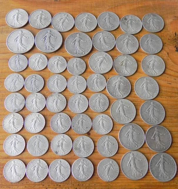 Lot de 53 pièces, 1 Franc, 2 Francs, 50 centimes Argent