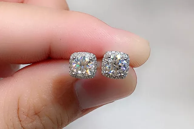 2.50Ct Round Cut Moissanite Push Back Halo Stud Earrings 14K White Gold Plated