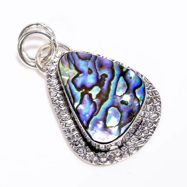 Abalone Shell Gemstone Vintage Handmade 925 Sterling Silver Pendant 2.1" GSR3797