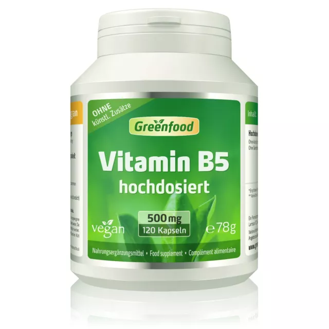 Vitamin B5 (Pantothensäure), 500 mg, hochdosiert, 120 Kapseln. Vegan.