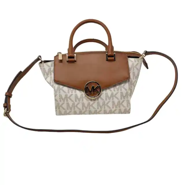 Michael Kors Hudson Signature Vanilla Acorn Leather Satchel Handbag Crossbody