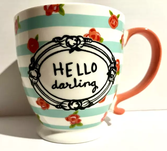 Clay Art Hello Darling Mug Stripes Flowers Coffee Cup Blue Pink White Black 16oz