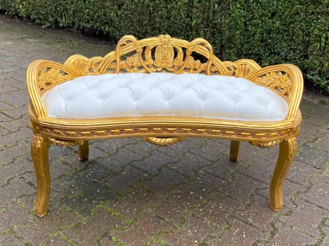 Elegant Vintage French Louis XVI Style Settee - White Leatherette & Antique Gold