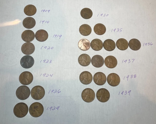 Lot of 27 Lincoln Wheat Cents-1909 -1939 dates . 1926 D & 1923  Bronze ?