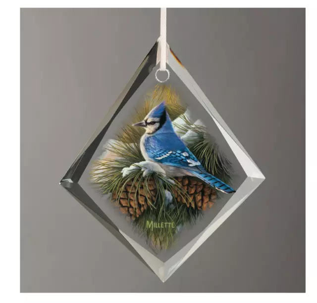 December Dawn - Bluejay Tear Drop Glass Ornament by Rosemary Millette