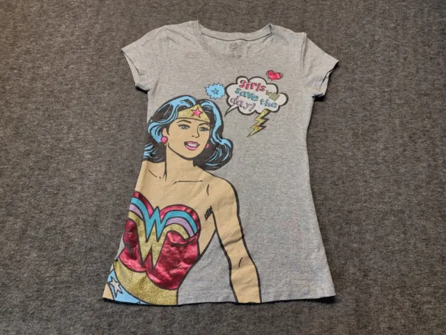 Wonder Woman Girls Will Save The Day Graphic T Shirt Gray DC Comics Size Medium