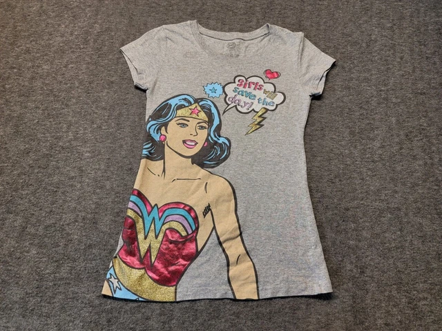 Wonder Woman Girls Will Save The Day Graphic T Shirt Gray DC Comics Size Medium