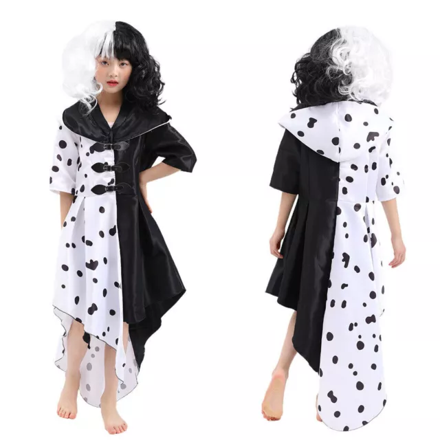 Cruella De Vil Emma Costume Fancy Dress Cosplay Outfit 101 Dalmatians 3-10Yrs