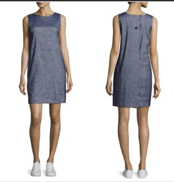 Theory Narlica Womens Sleeveless Linen Blend Chambray Mini Shift Dress Blue Sz 4