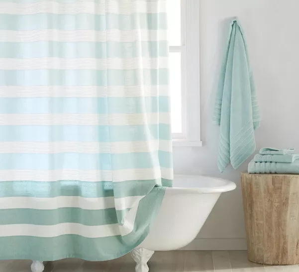 DKNY Shower Curtain 100% Cotton Ombre Highland Stripes 72” X 72” Blue White DKNY Shower Curtain 100% Cotton Ombre Highland Stripes 72” X 72” Blue White