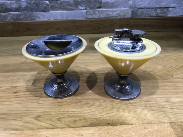 Vintage Mid Century 60S Yellow Cocktail Glass Gas Table Lighter & Ashtray