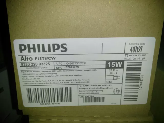 NEW Philips 15 Watt Fluorescent Tubular Medium Bi-Pin Lamp 407197, CASE OF 25