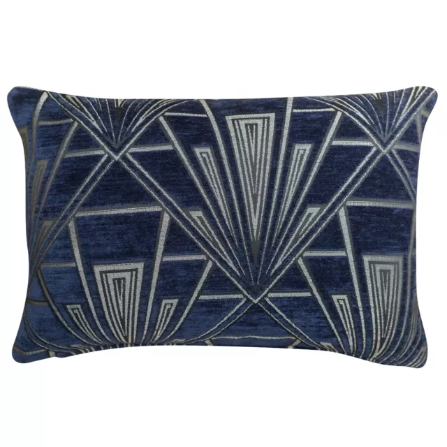 Art Deco Boudoir Cushion. Navy Blue & Silver Geometric Design. 17x12" Rectangle
