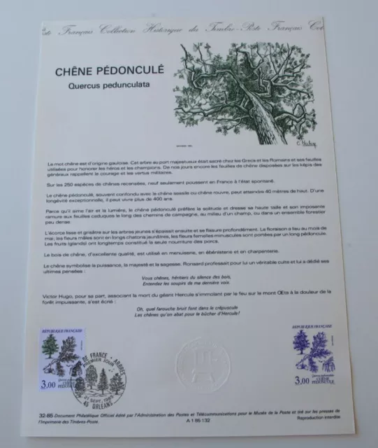 Timbre Document Officiel 1er jour 1985 NEUF Poste Chêne Pédoncule Quercus 32.85