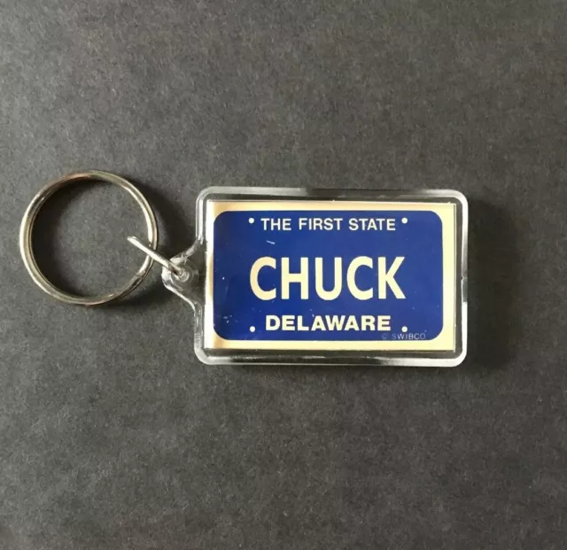 Vintage Keychain DELAWARE / CHUCK Key Fob THE FIRST STATE License Plate Shape