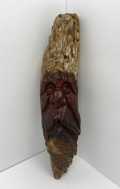 VTG AMERICAN FOLK Art Spirit Wood Face Carved Tree Signed Hobbit Wizard ...