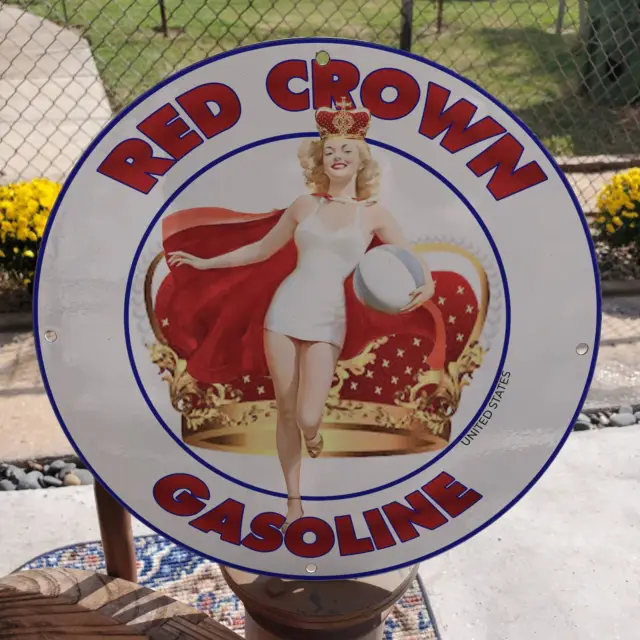 Vintage Red Crown Gasoline Fuel Filling Station Porcelain Gas & Oil Pump Sign