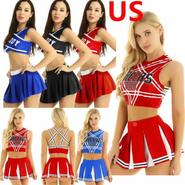 Women Cheerleader Cosplay Costume School Uniform Crop Top Miniskirt Fancy Dress