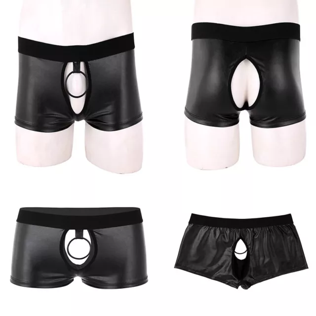 Männer Boxershorts Wetlook Leder-Optik Boxer Briefs Panties mit Metall O-Ring