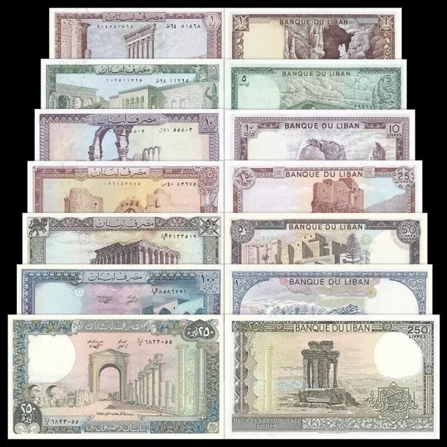 Lebanon Old Set 1 5 10 25 50 100 250 Livres 1980-1988 P-61 62 63 64 65 66 67 UNC