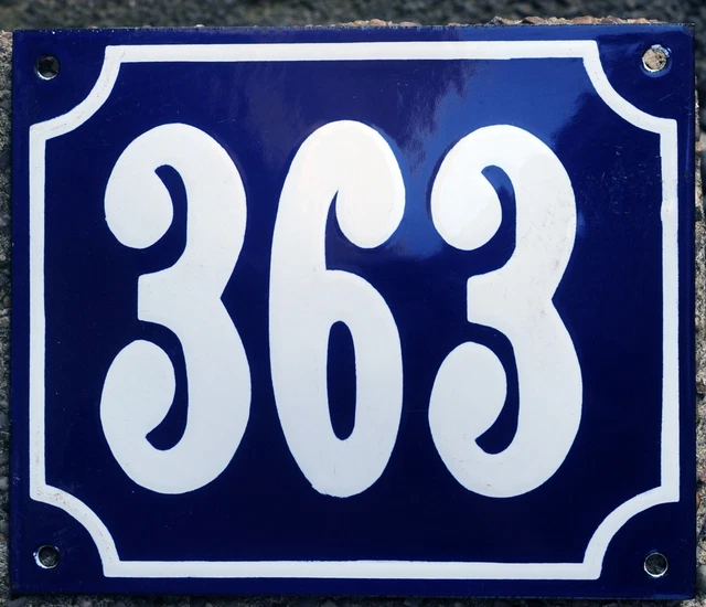 Old blue French house number 363 door gate plate plaque enamel metal sign steel