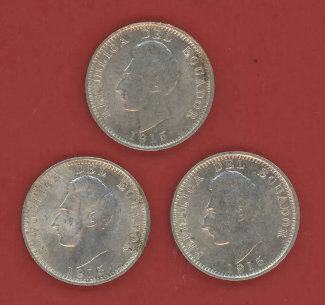 Ecuador  Un Decimo   1915 Heaton Lot Of 3 Coins  Km 50.4  Gem Unc.