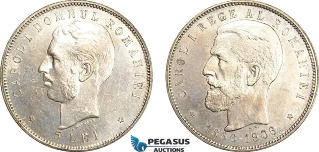AI913, Romania, Carol I, 5 Lei 1906 (40th Anniversary) Brussels Mint, Silver