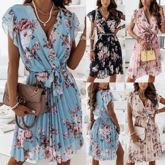 Women's Floral Lace Up V Neck Mini Dress Ladies Holiday Beach Ruffle Swing Dress