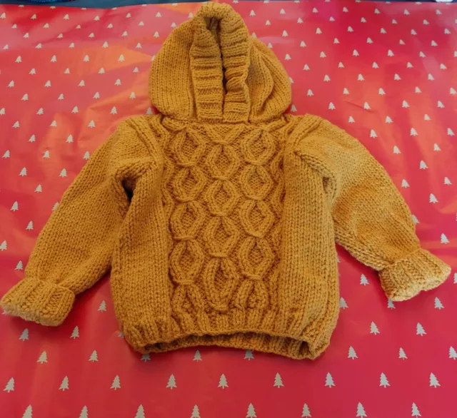 Hand Knitted Childs ARAN Mustard Hoodie 2/3 Years