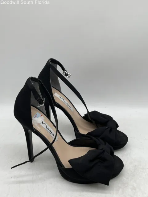 Nina Womens Black Flossie Bow Open Toe Stiletto Heel Ankle Strap Sandals Size 8M