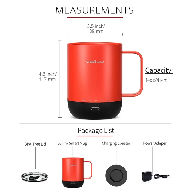 VSITOO Control Smart Coffee Mug - 14oz Black - App Controlled Heated Coffee Cup 6