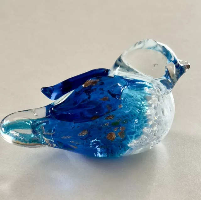 Hand Blown Art Glass Bird Sculpture Blue White Paperweight