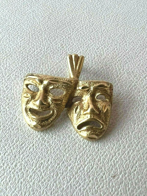 14K Yellow Gold Comedy And Tragedy Mask Pendant Necklace Charm Well Made Stamped 14K Yellow Gold Comedy And Tragedy Mask Pendant Necklace Charm Well Made Stamped