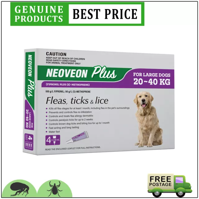 NEOVEON PLUS For Dogs 20 to 40 Kg 4 Doses PURPLE Flea and Tick Treatment