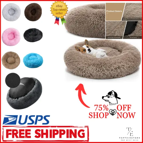 Donut Cushion Plush Pet Dog Cat Bed Fluffy Soft Waterproof Warm Sleeping Calming