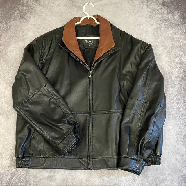Remy Mens Size 50 Black / Brown Double Collar Soft Leather Jacket Made in USA