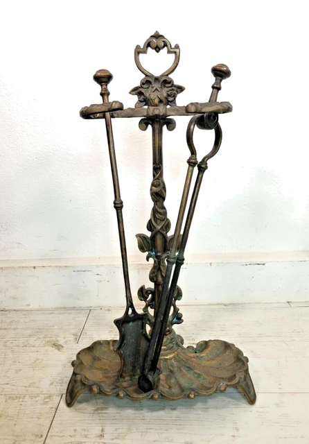 Antico Set 2 Utensili + Porta Attrezzi Camino Bronzo Fireplace Stand Tool Set