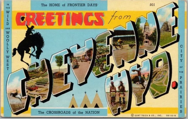c1940s "CHEYENNE, WYO." Wyoming Large Letter Postcard Sanborn / Curteich Linen