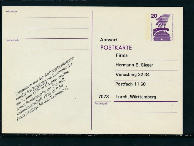 20 Pfg. Ganzsachen-Karte Zudruck hermann Sieger, ungebraucht   14/7/15