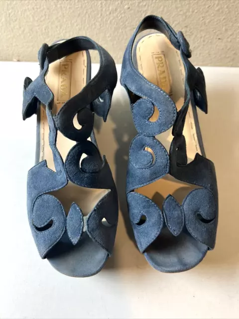 Prada Baroque Blue Suede Wedge Sandals 41 / 11 2