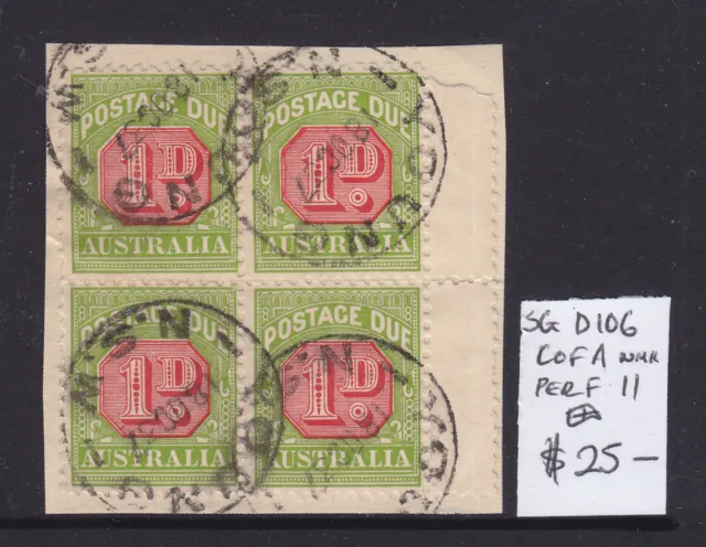 POSTAGE DUES AUSTRALIA: 1d SG D106  COFA  PERF 11 USED BLOCK OF 4 ON PAPER YOUNG